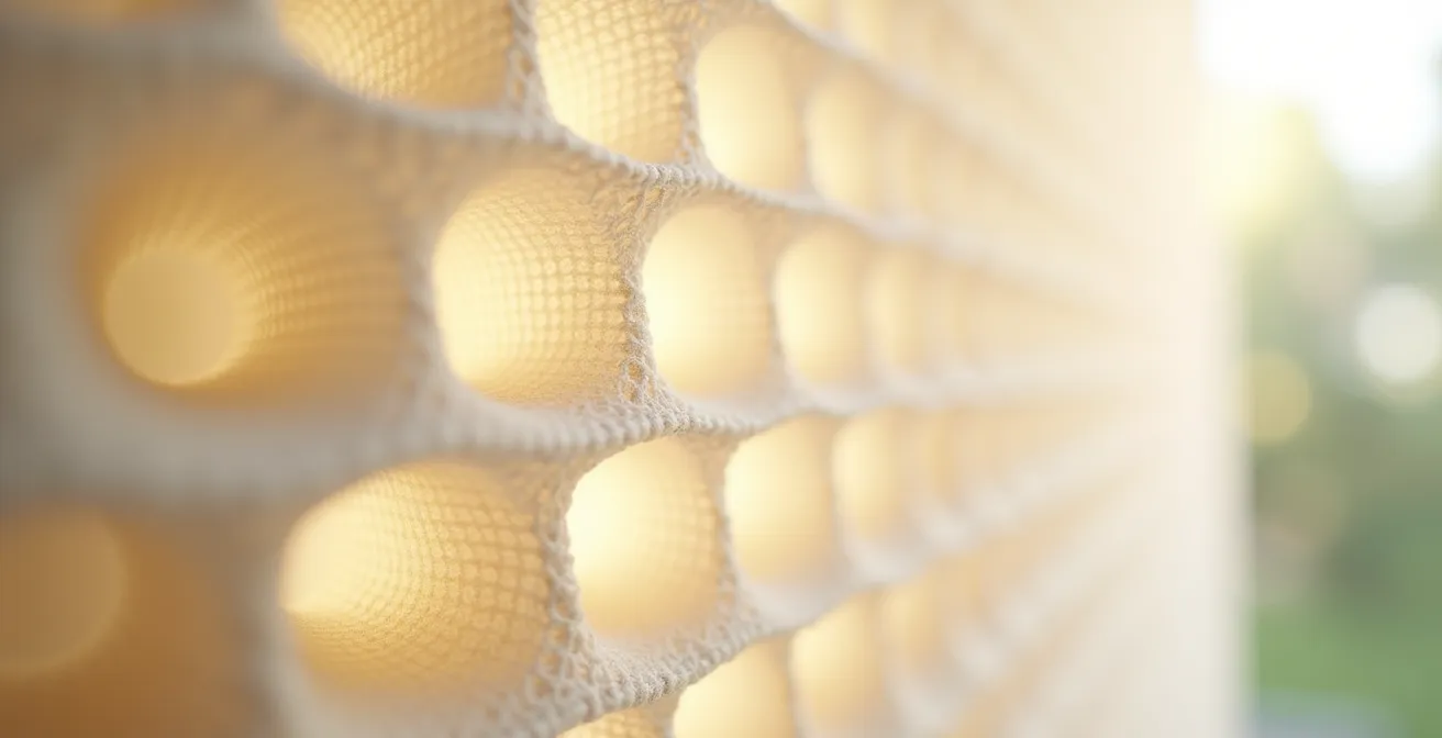 Vue macro d'une toile cellulaire alvéolée montrant la structure isolante en nid d'abeille