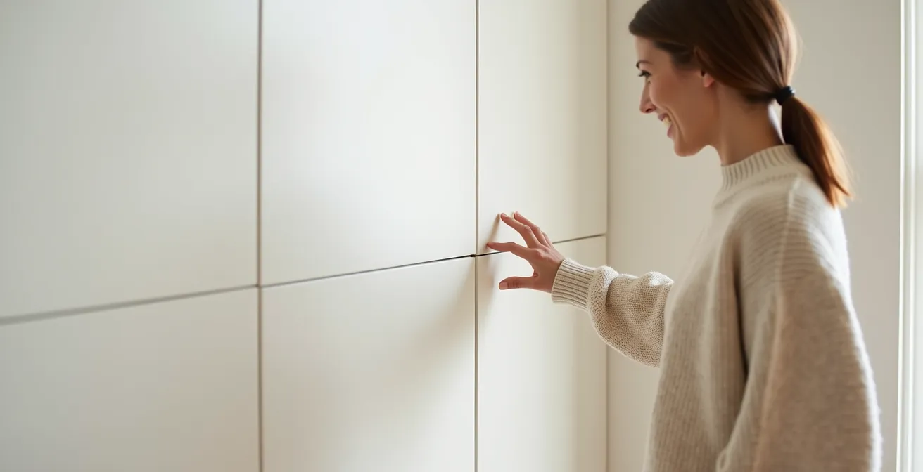 Système de rangement intégré invisible avec portes sans poignées dans un intérieur minimaliste