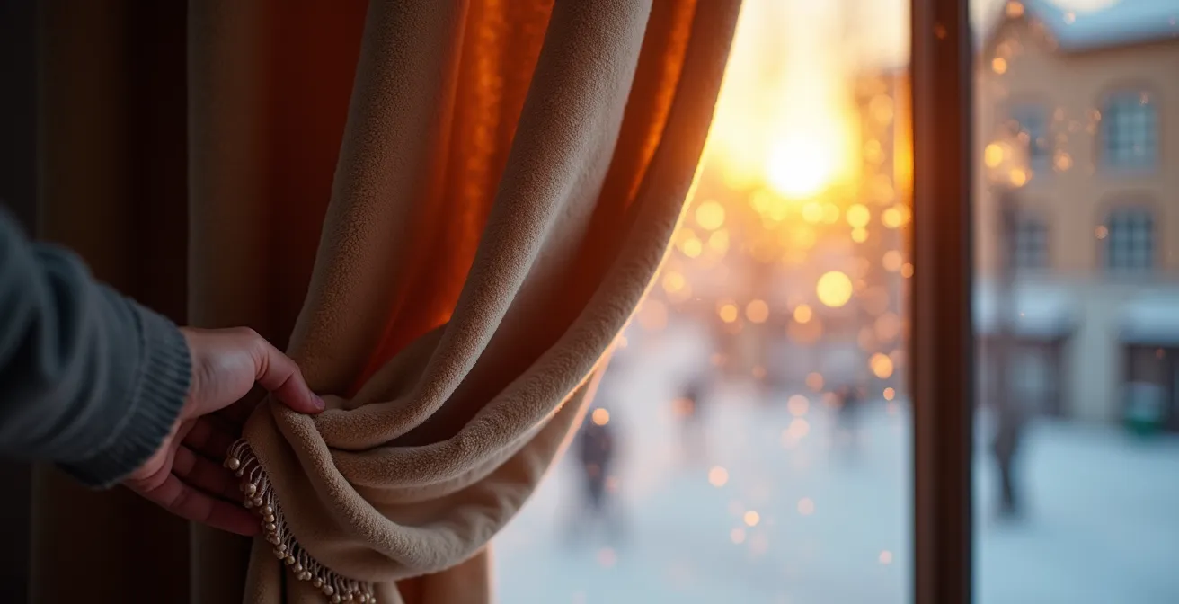 Installation de rideaux thermiques épais devant une fenêtre givrée dans un appartement montréalais