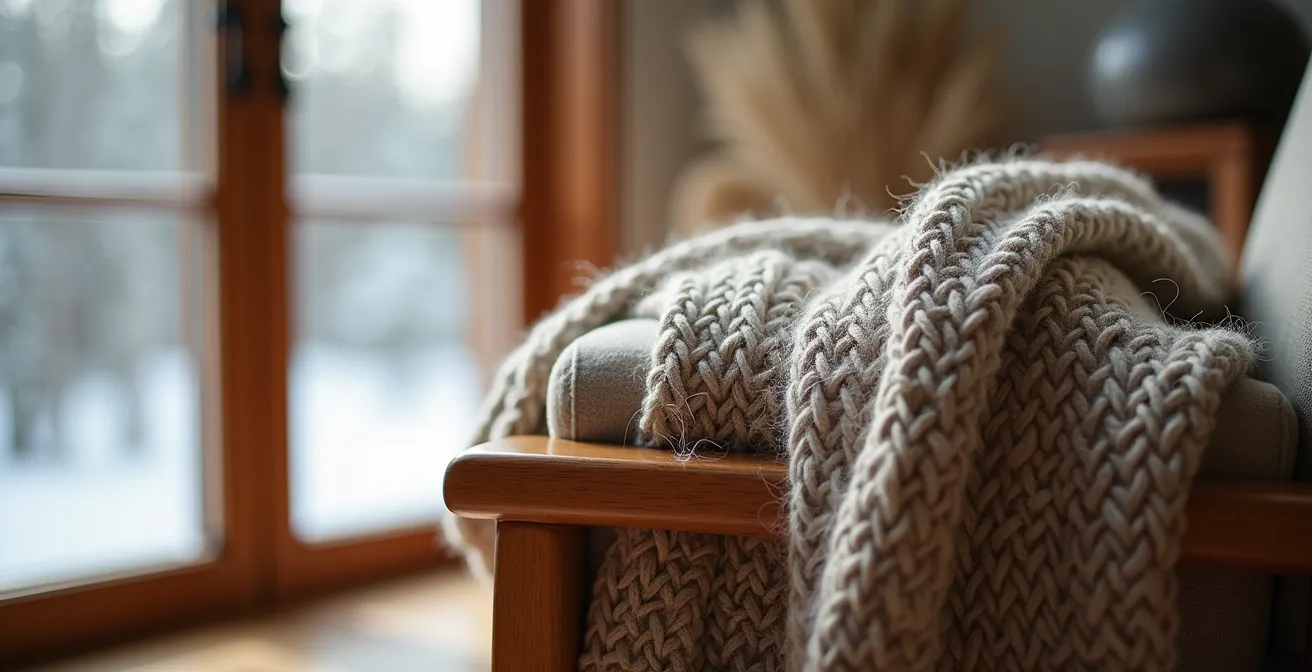 Intérieur avec grandes baies vitrées habillées de textiles chauds et mobilier en bois local