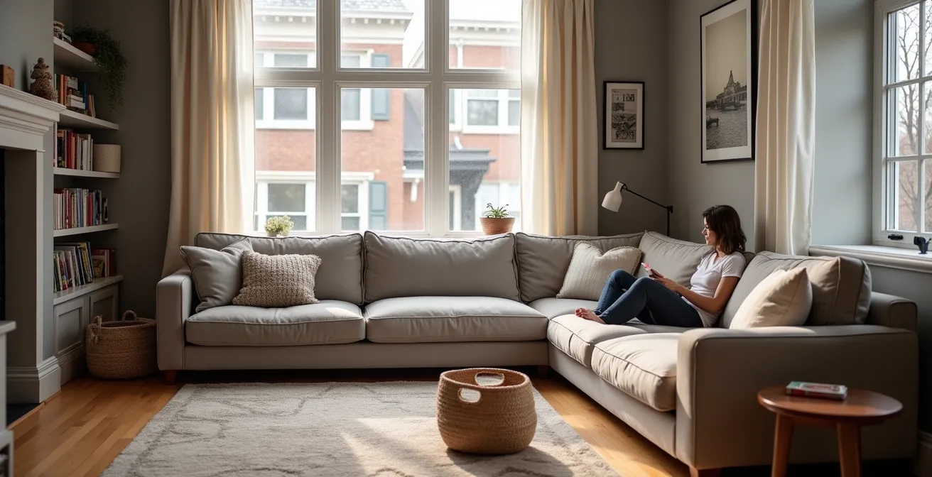 Salon familial montréalais avec canapé sectionnel confortable en tissu performance et éléments design