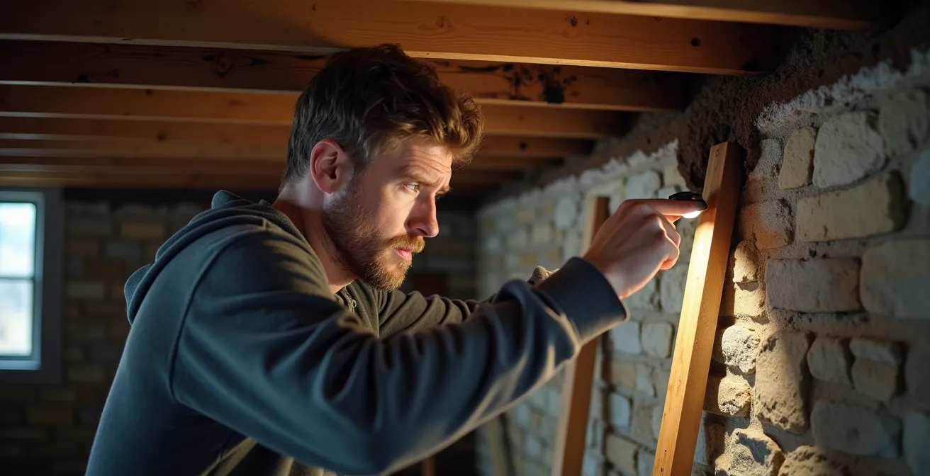 Inspection des solives du sous-sol montrant des traces d'humidité caractéristiques