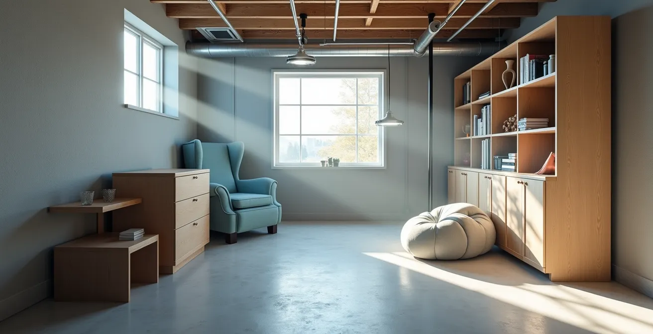 Sous-sol québécois montrant les zones problématiques d'humidité et la circulation d'air appropriée