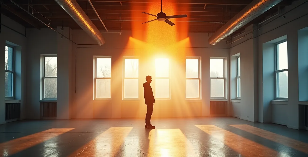 Vue latérale d'un salon montréalais montrant la stratification de l'air chaud au plafond