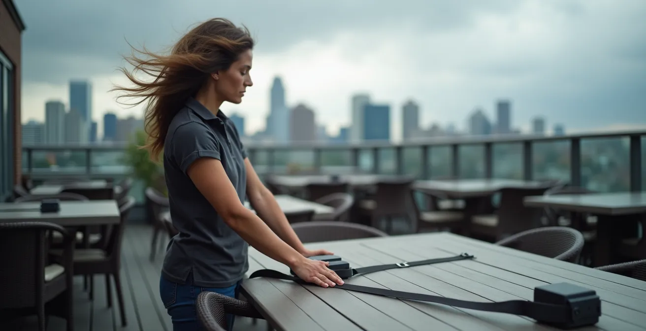 Système de fixation de mobilier sur terrasse de toit avec bacs de lestage remplis de dalles et fixations sur muret de parapet