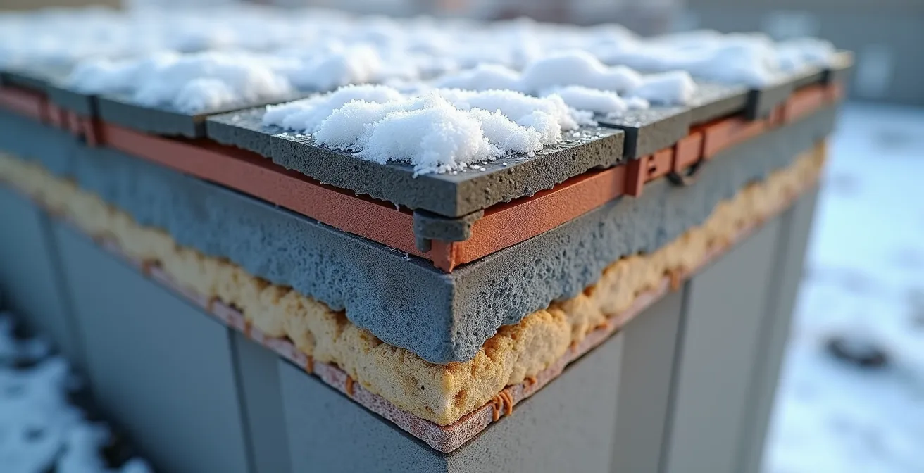 Vue en coupe technique montrant l'assemblage de dalles sur plots ajustables au-dessus d'une membrane élastomère avec système de drainage