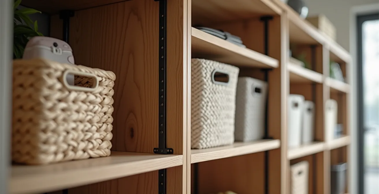 Système de rangement vertical du sol au plafond dans un appartement montréalais