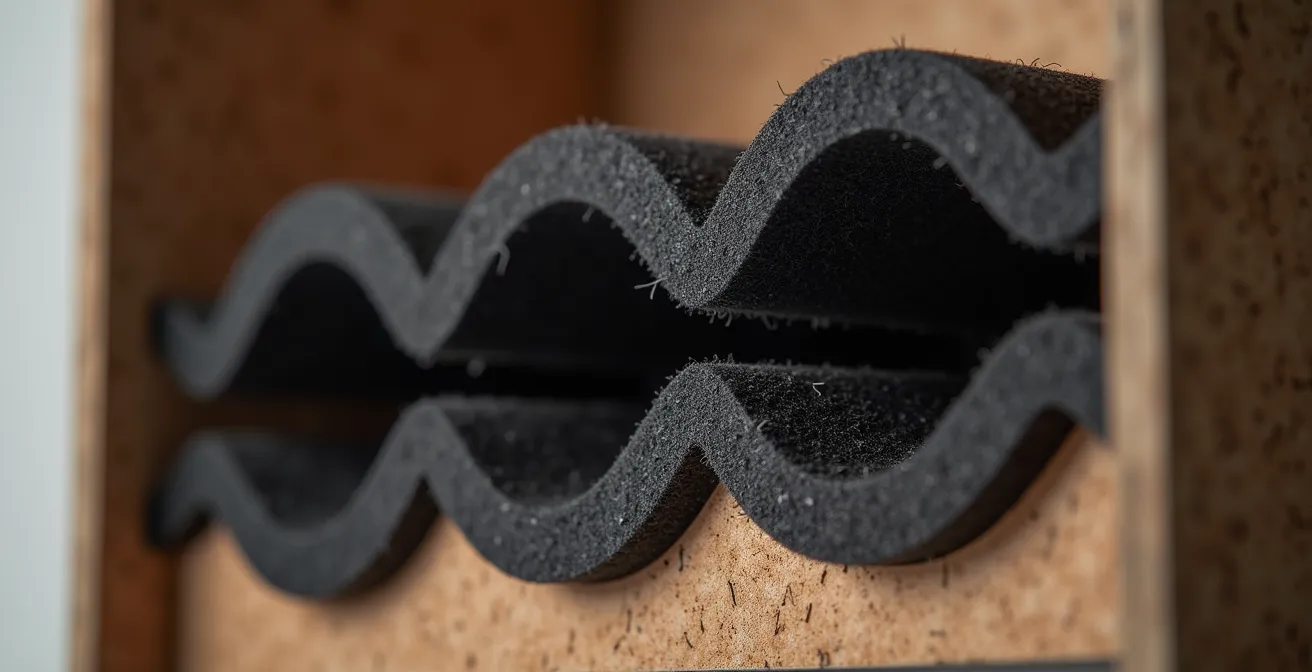 Vue en coupe d'un système de ventilation avec boîte à chicanes acoustiques pour salle de cinéma maison