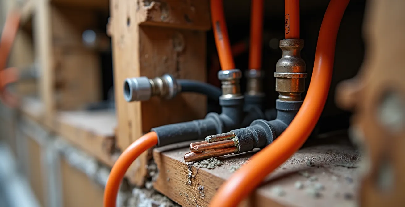 Vue détaillée de l'intérieur d'un mur ouvert montrant les systèmes électriques et de plomberie