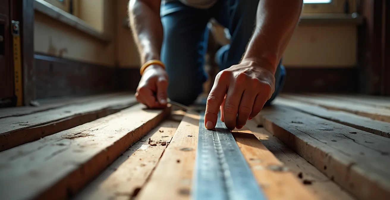 Test de déflection d'un plancher centenaire avec règle et niveau montrant la courbure