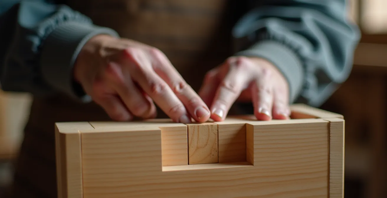 Mains d'artisan vérifiant la qualité d'un assemblage en queue d'aronde sur un tiroir en érable