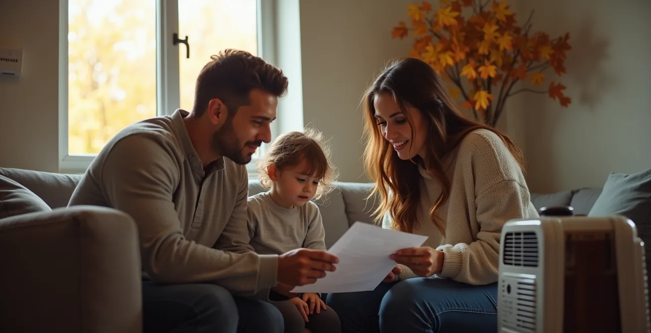 Famille testant en sécurité un chauffage d'appoint dans leur appartement avec détecteur de CO visible