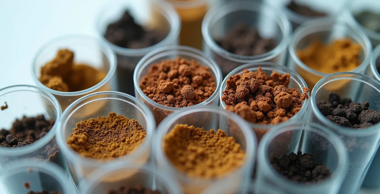 Échantillons de sol prélevés dans des tubes pour analyse de contamination dans un vide sanitaire