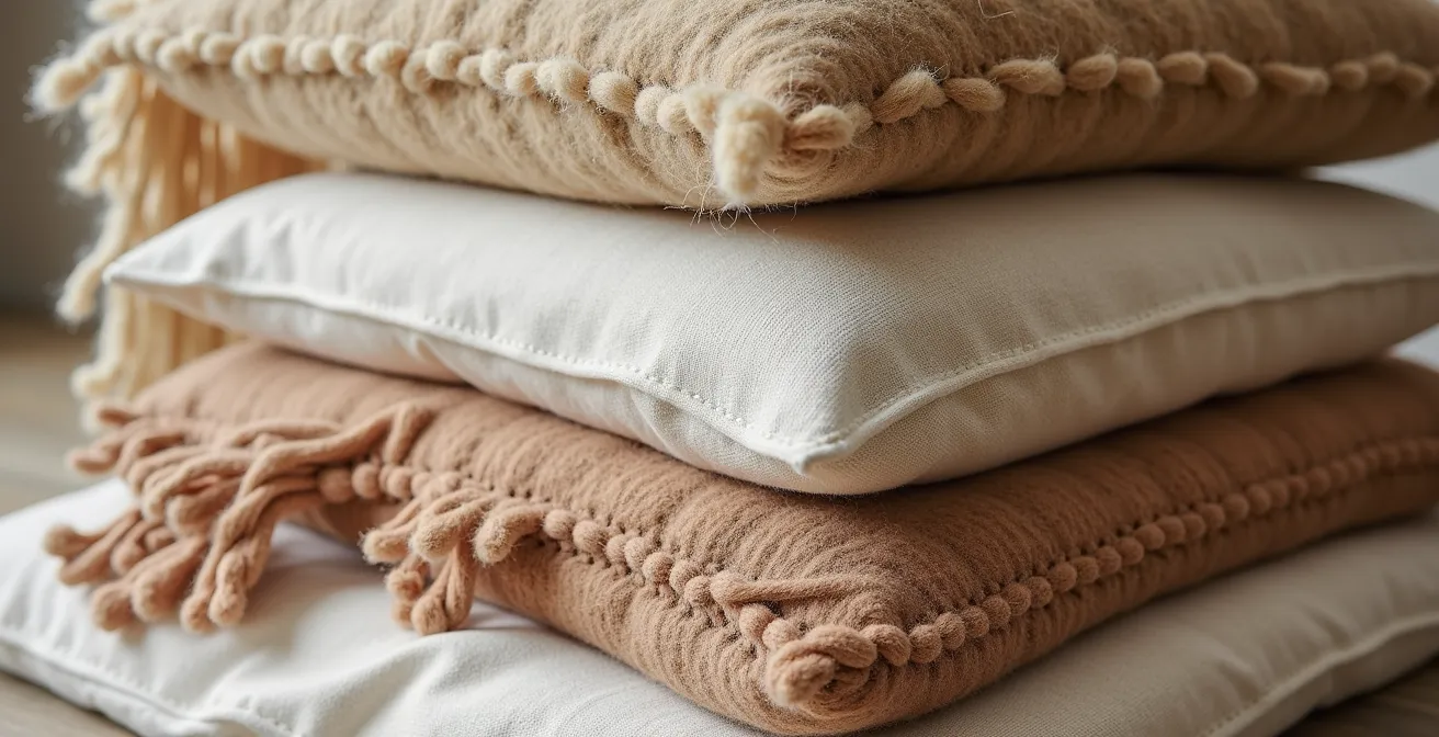 Superposition de textiles en laine d'alpaga et lin dans un salon québécois