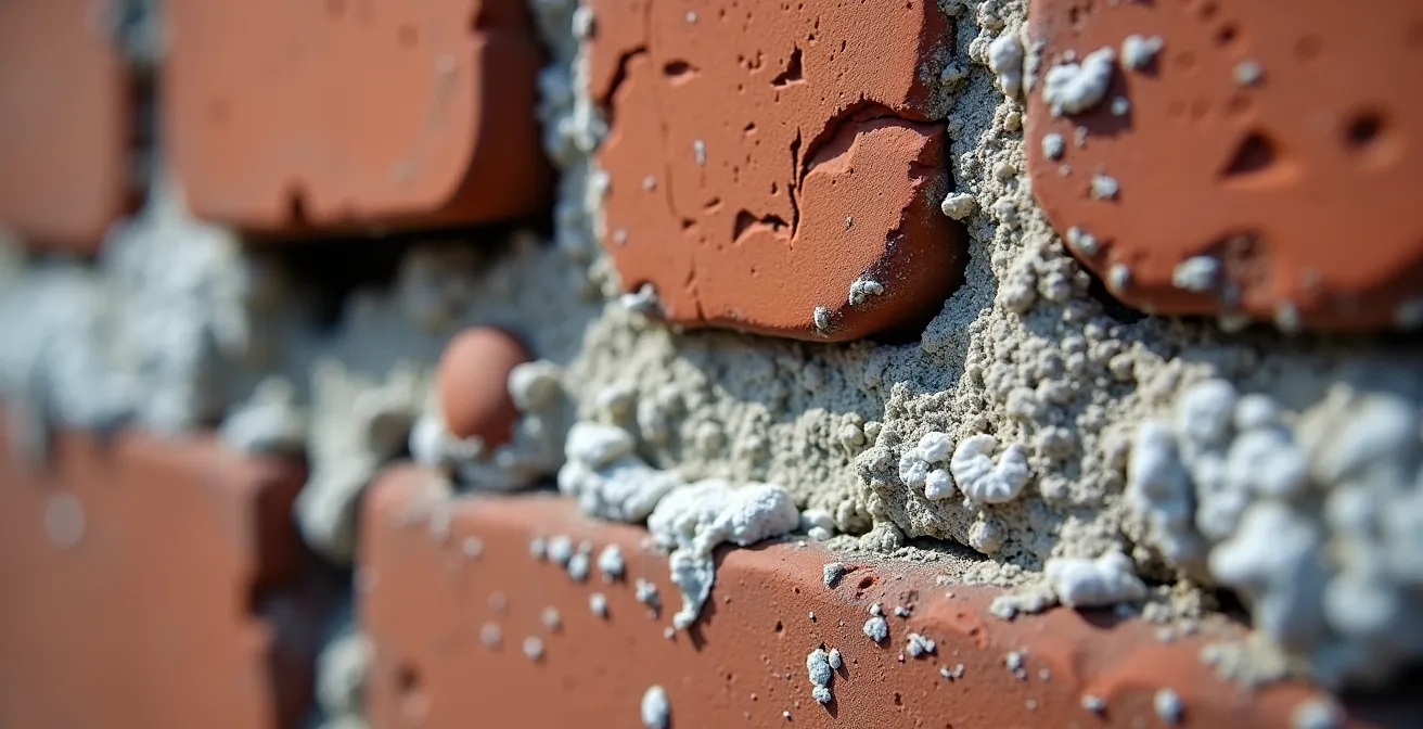 Vue macro du mortier effrité entre les briques avec application de chaux