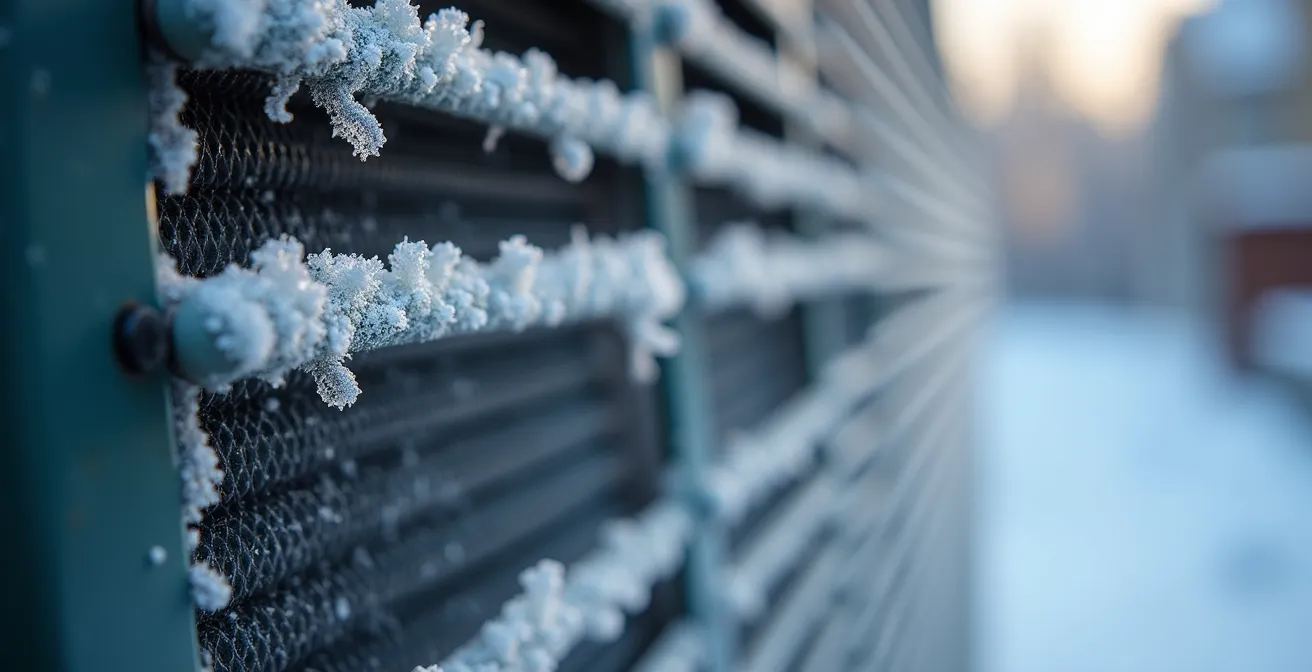 Compresseur de thermopompe extérieur couvert de givre lors d'une journée d'hiver à Montréal