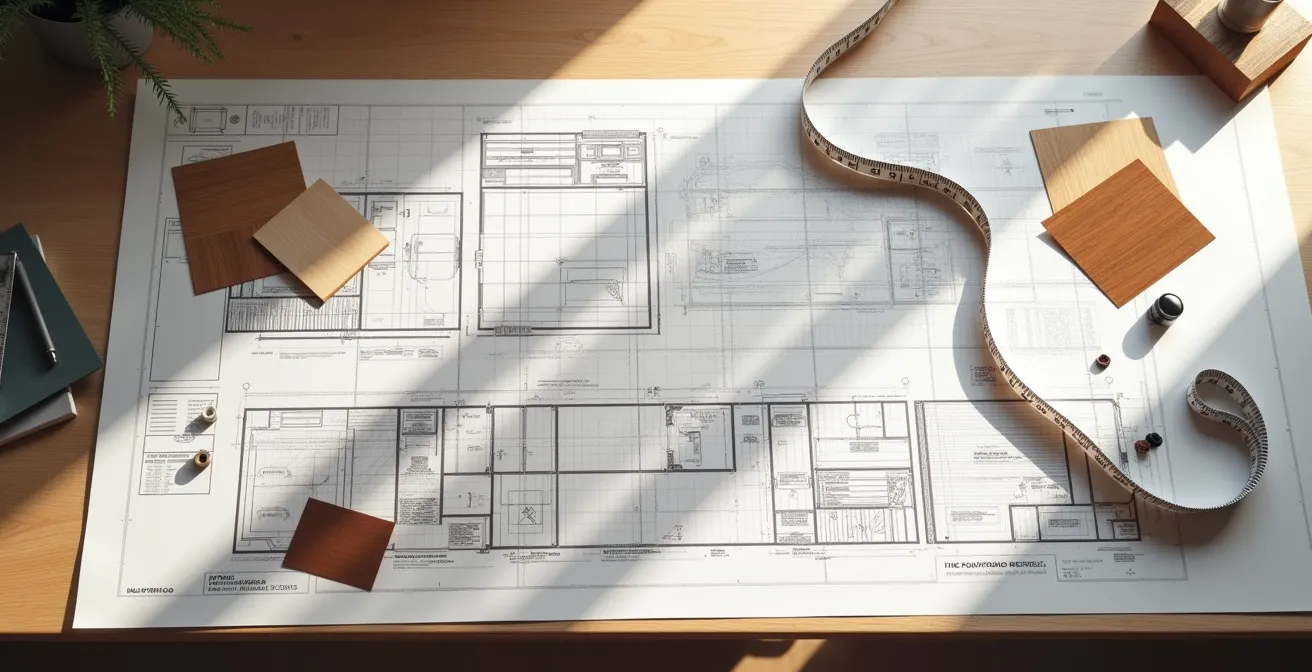 Plans techniques détaillés sur table de travail avec échantillons de bois