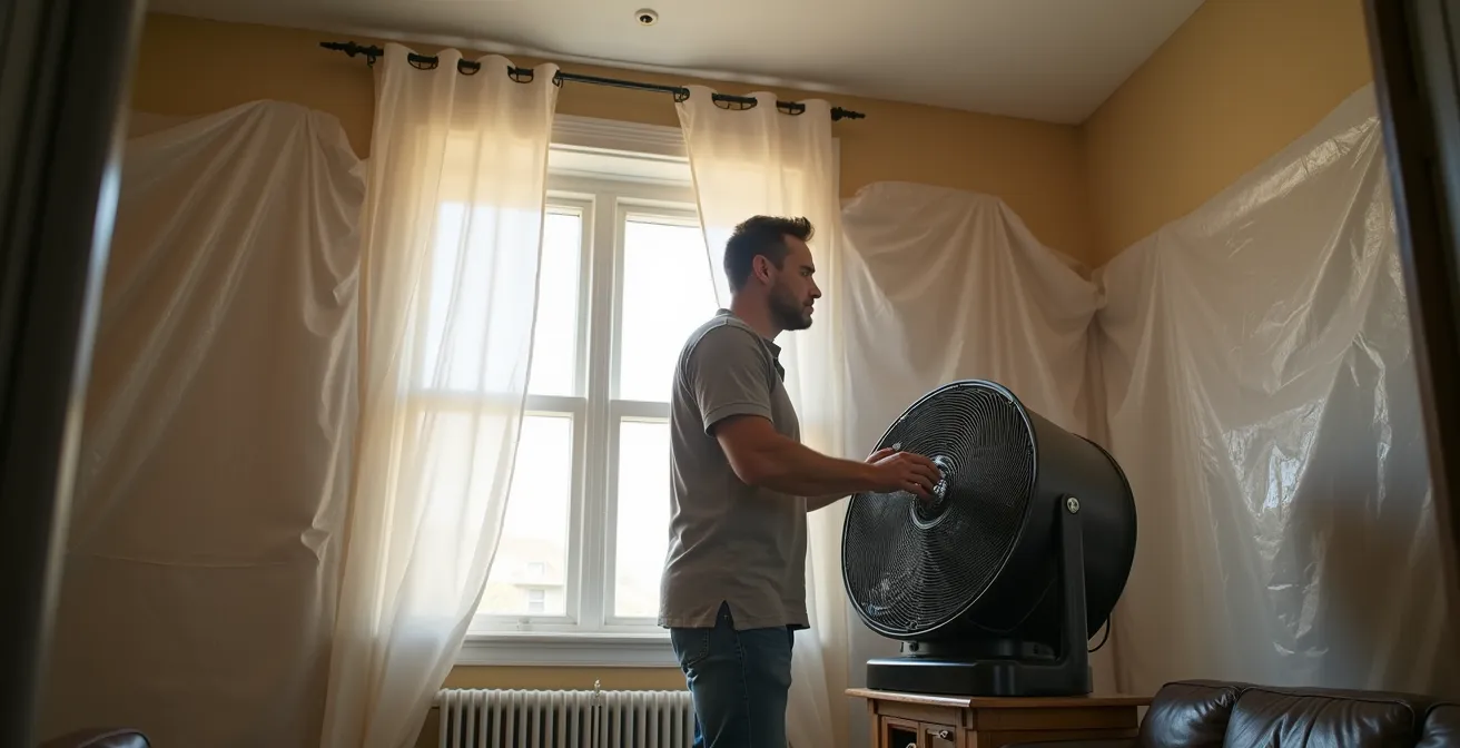 Système de ventilation temporaire installé pendant l'application d'uréthane giclé dans une maison