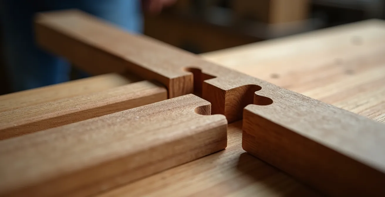 Détail macro d'une finition de qualité sur un assemblage en queue d'aronde