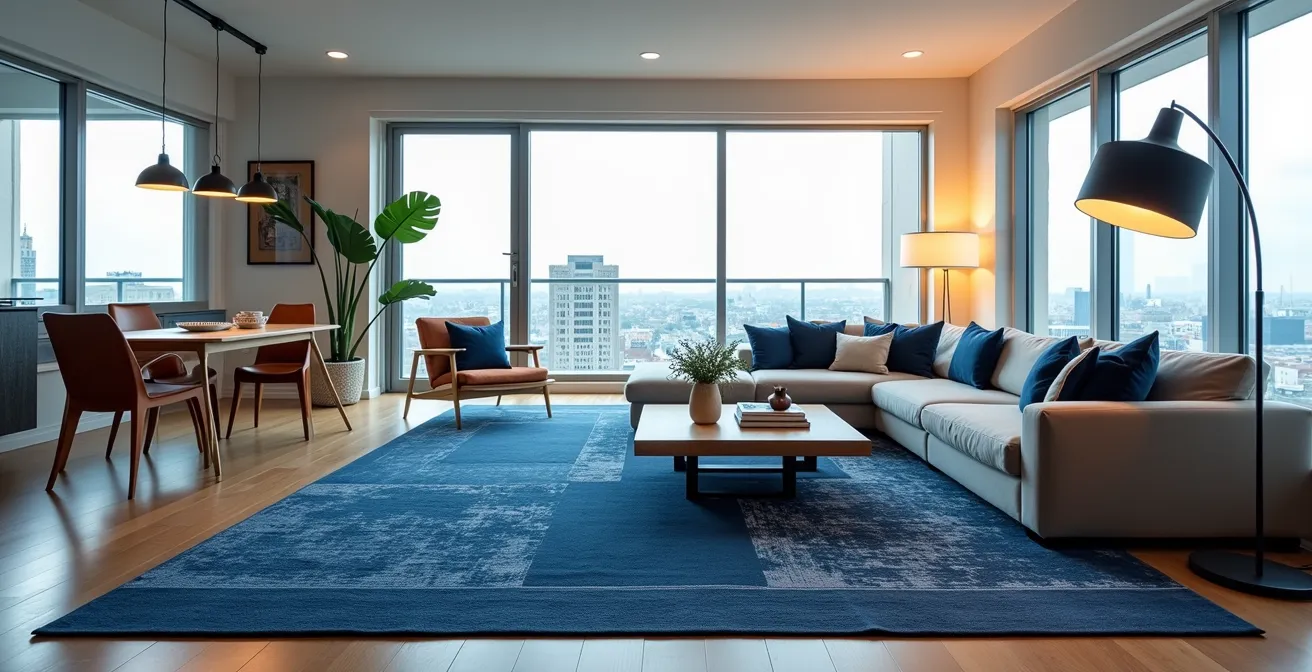 Condo montréalais à aire ouverte avec tapis définissant le salon et éclairage à trois niveaux